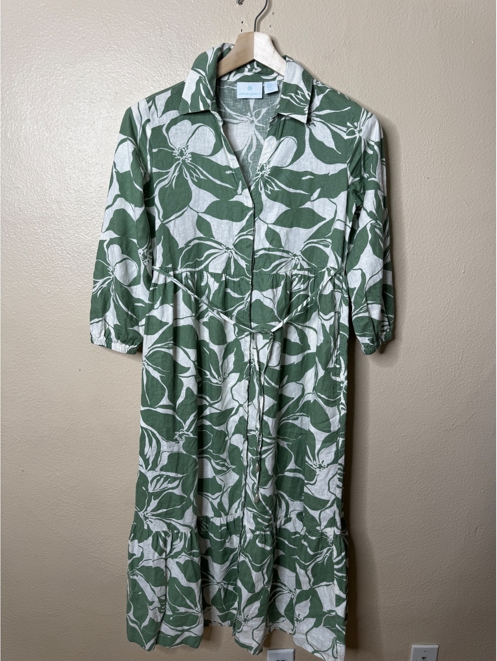 Cynthia Rowley Dress Women’s XS Green White Floral Linen Blend Belted Tiered